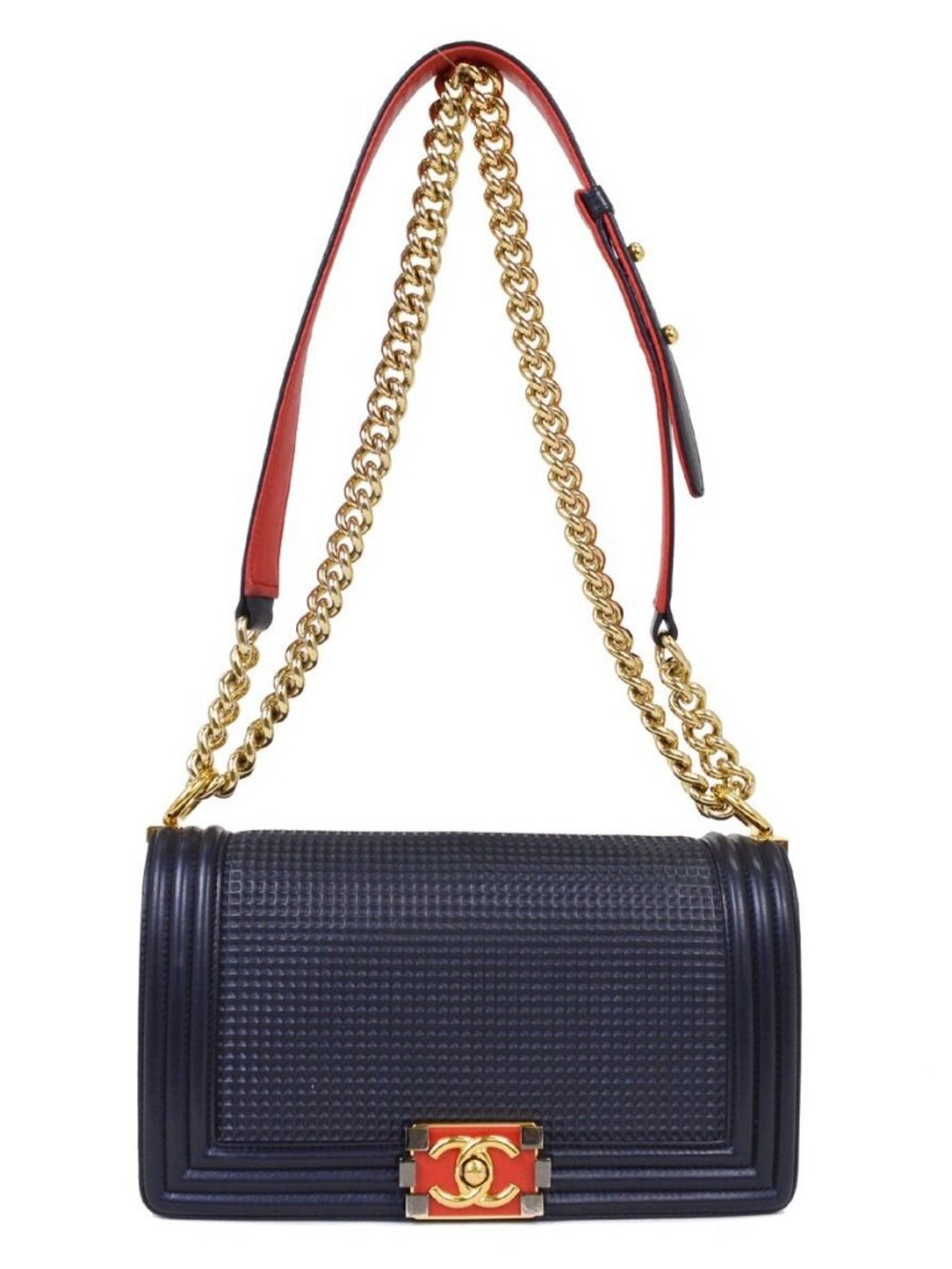 Boy Chanel Navy Cube Embossed Lambskin Medium Shoulder Bag XX05381
